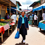 A confident, professional female traveler wearing modest, comfortable outdoor clothing, a secure cross-body bag tucked under her jacket, and proper walking shoes. She is navigating a vibrant, bustling open-air market in Antananarivo, Madagascar, with colorful stalls and diverse local people in the background. The scene is full of life and activity, showcasing discreet vigilance. The image features perfect anatomy, correct proportions, a natural pose, well-formed hands, and proper finger count. This is a high-quality professional photograph with detailed, realistic rendering. The content is fully clothed, appropriate attire, safe for work, and professional.