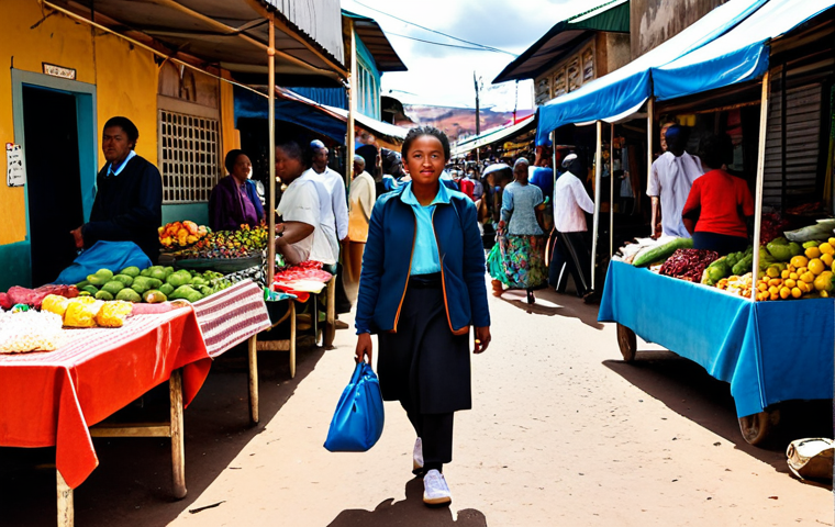 A confident, professional female traveler wearing modest, comfortable outdoor clothing, a secure cross-body bag tucked under her jacket, and proper walking shoes. She is navigating a vibrant, bustling open-air market in Antananarivo, Madagascar, with colorful stalls and diverse local people in the background. The scene is full of life and activity, showcasing discreet vigilance. The image features perfect anatomy, correct proportions, a natural pose, well-formed hands, and proper finger count. This is a high-quality professional photograph with detailed, realistic rendering. The content is fully clothed, appropriate attire, safe for work, and professional.