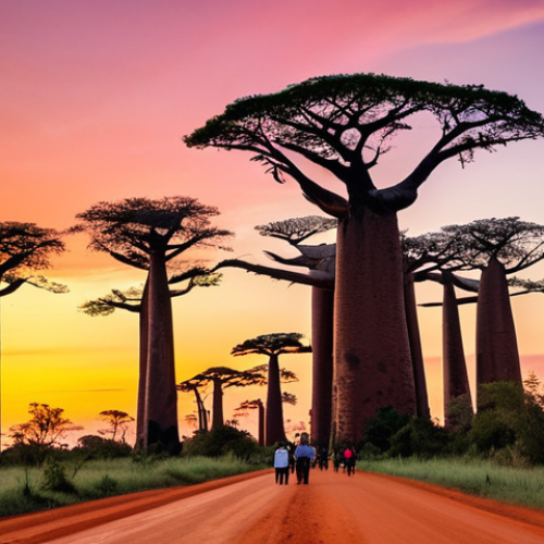 Home 6 **
"The Avenue of the Baobabs at sunset in Madagascar, towering baobab trees silhouetted against a vibrant orange and pink sky, red earth road, fully clothed tourists admiring the view, appropriate content, safe for work, perfect anatomy, natural proportions, professional photography, high quality, family-friendly scene, modest attire."
**