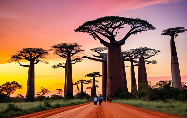 **

"The Avenue of the Baobabs at sunset in Madagascar, towering baobab trees silhouetted against a vibrant orange and pink sky, red earth road, fully clothed tourists admiring the view, appropriate content, safe for work, perfect anatomy, natural proportions, professional photography, high quality, family-friendly scene, modest attire."

**