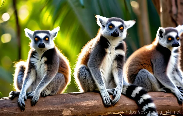 마다가스카르 레무르 원숭이 종류 및 특징 - **Prompt 1: Ring-tailed Lemurs Basking in the Morning Sun**
"A group of ring-tailed lemurs, know...