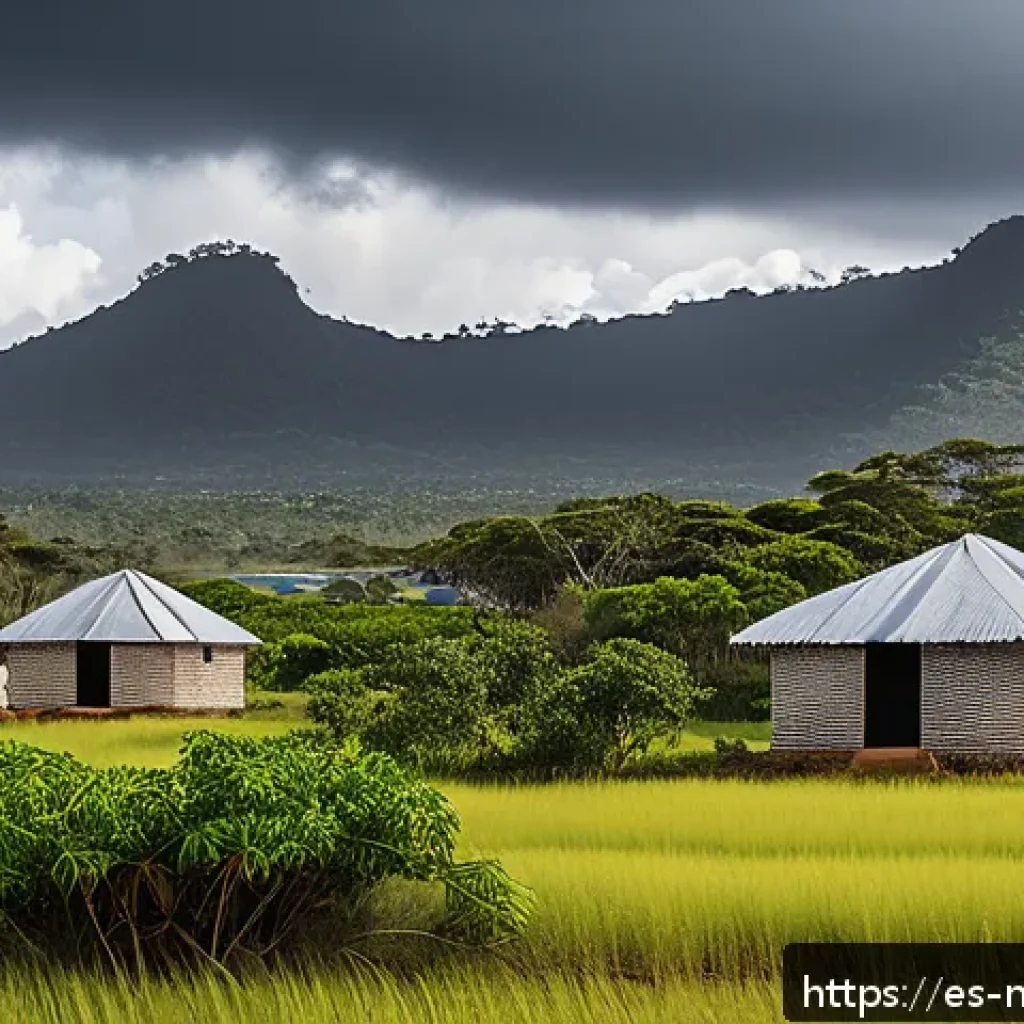 마다가스카르 사이클론 피해 사례 - A resilient coastal village in Madagascar showcasing modern cyclone-resistant architecture: reinforc...