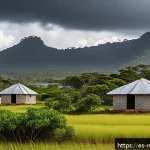 마다가스카르 사이클론 피해 사례 - A resilient coastal village in Madagascar showcasing modern cyclone-resistant architecture: reinforc...