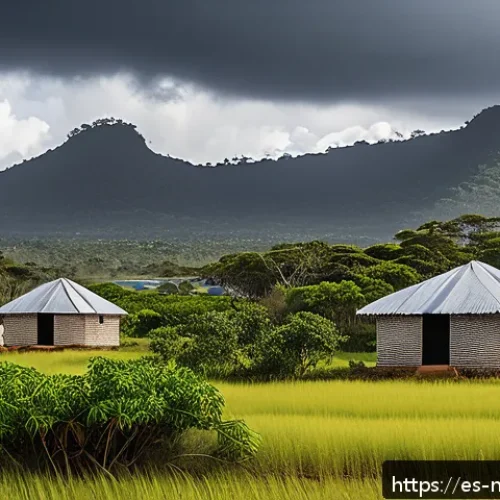 마다가스카르 사이클론 피해 사례 - A resilient coastal village in Madagascar showcasing modern cyclone-resistant architecture: reinforc...