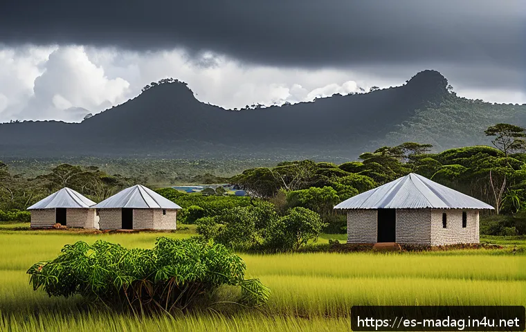 마다가스카르 사이클론 피해 사례 - A resilient coastal village in Madagascar showcasing modern cyclone-resistant architecture: reinforc...