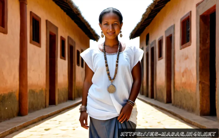 Home 13 마다가스카르 전통 의상과 장신구 - Photorealistic full-length portrait of a Malagasy woman wearing an elegant handwoven lamba draped ov...